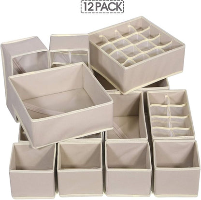 12 Pack Foldable Drawer Organizer Dividers Cloth Storage Box Closet Dresser Organizer Cube Fabric Containers Basket Bins for Underwear Bras Socks Panties Lingeries Nursery Baby Clothes Beige
