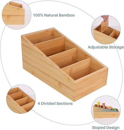 HTB 4-Section Snack Organizer with Removable Dividers for Kitchen, Cabinet, Office, Countertop, 2 Pack Bamboo Pantry Storage Organization for Spice Packets, Seasoning Pouches, Coffee Pods