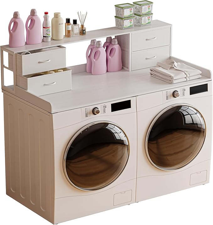 Washer and Dryer Countertop, 27.5“ D x 53.9“ W x 12.9“ H Solid Wood Washer and Dryer Countertop with Organizer Shelves with Four Drawers for Laundry Room Organization (White)