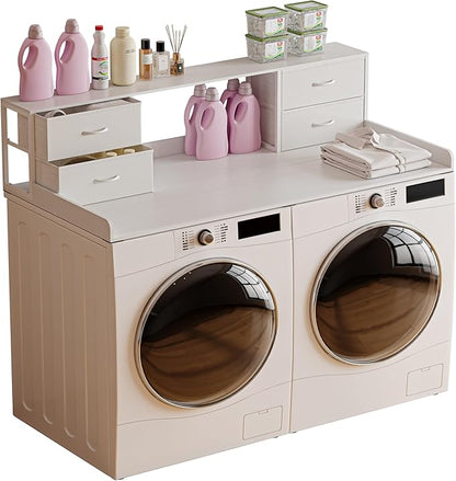 Washer and Dryer Countertop, 27.5“ D x 53.9“ W x 12.9“ H Solid Wood Washer and Dryer Countertop with Organizer Shelves with Four Drawers for Laundry Room Organization (White)