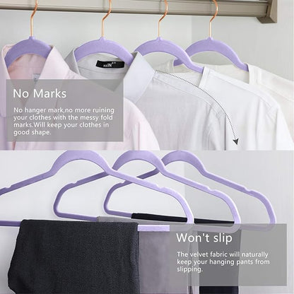 MIZGI Premium Velvet Hangers (50 Pack) Heavy Duty - Non Slip Felt Hangers - Velvet Suit Hanger Light Purple - Rose Gold Hooks,Space Saving Clothes Hanger