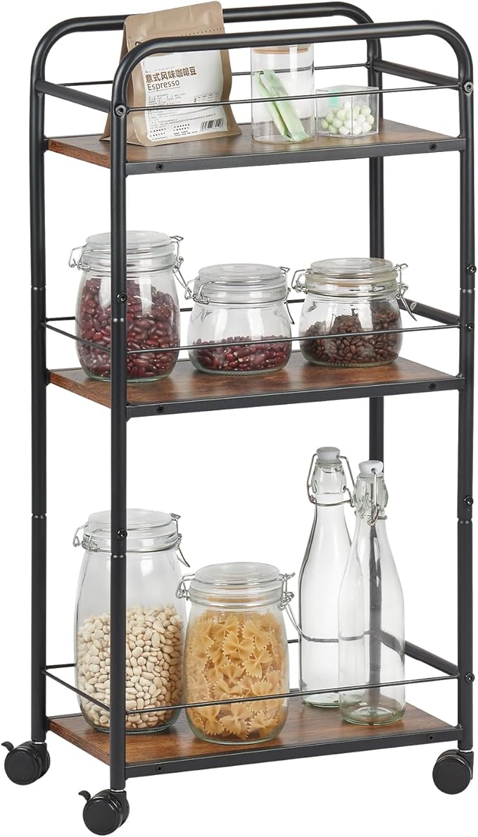 Bar Cart, Small Bar Cart for Small Spaces, 3-Tier Rolling Kitchen Cart on Wheels, Slim Narrow Liquor Cart with Protective Fence, Industrial Mini Coffee Station for Home, Rustic Brown