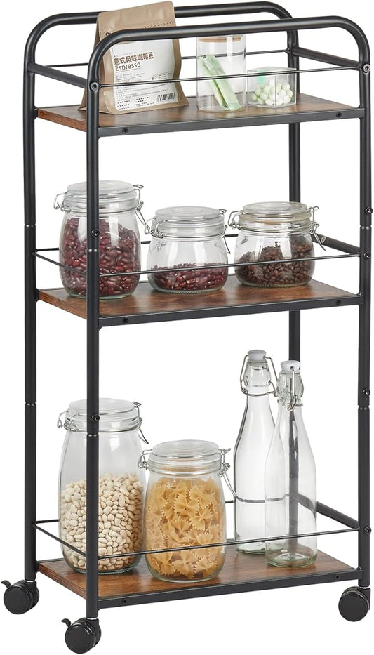 Bar Cart, Small Bar Cart for Small Spaces, 3-Tier Rolling Kitchen Cart on Wheels, Slim Narrow Liquor Cart with Protective Fence, Industrial Mini Coffee Station for Home, Rustic Brown