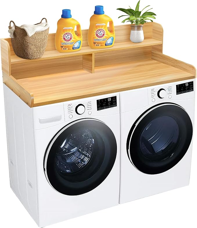 Royxen Laundry Countertop with 2-Tier Shelf Universal Fit, Washer and Dryer Countertop with Storage Space, Shelf Height 11.5 Inches, Solid Wood Core, Oak