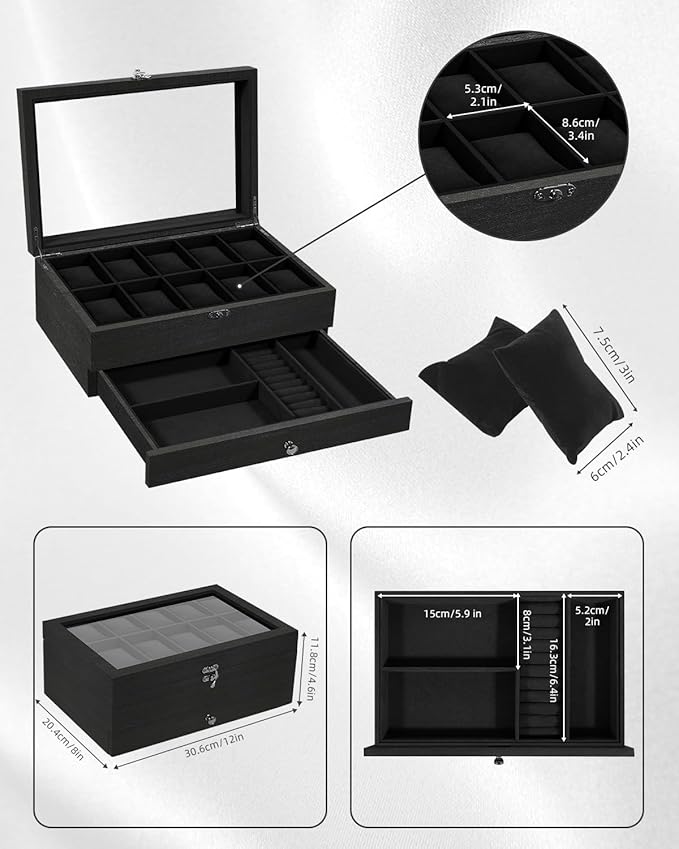 Uten 10-Slot Watch Box, 2-Layers Solid Wood Watch Display Case with Glass Lid, Watch Holder Organizer with Soft Pillow and Velvet Lining, Watch and Jewelry Storage Box, Black