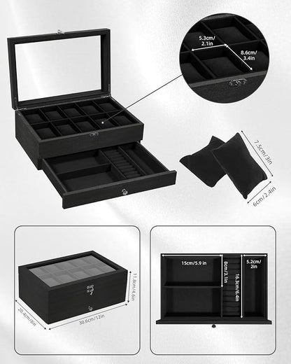 Uten 10-Slot Watch Box, 2-Layers Solid Wood Watch Display Case with Glass Lid, Watch Holder Organizer with Soft Pillow and Velvet Lining, Watch and Jewelry Storage Box, Black