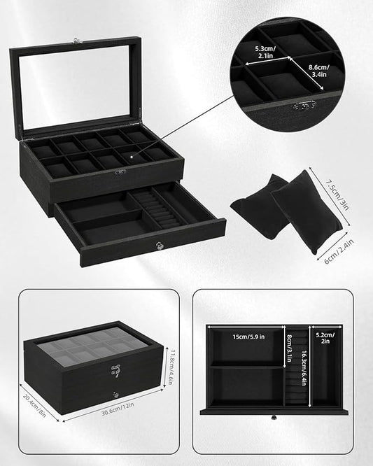 Uten 10-Slot Watch Box, 2-Layers Solid Wood Watch Display Case with Glass Lid, Watch Holder Organizer with Soft Pillow and Velvet Lining, Watch and Jewelry Storage Box, Black