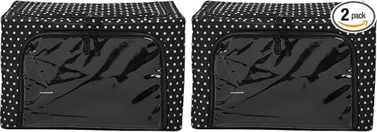 Periea Oxford Cloth Steel Frame Storage Boxes - Under-Bed or in Closet - Pack of 2 Small Organizers (Polka Dot)