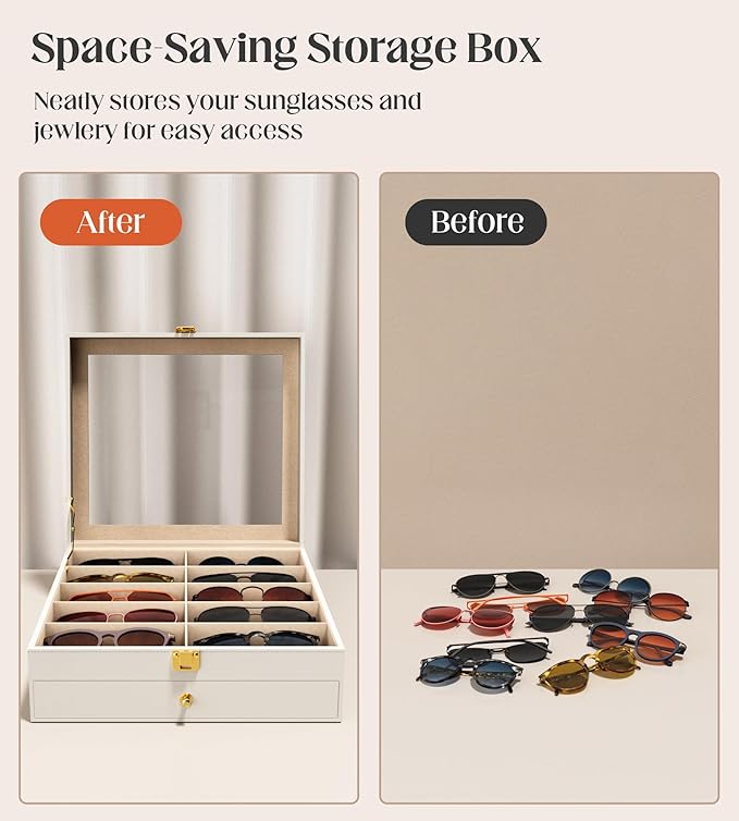 sensok Sunglasses Organizer Storage Box - 20 Slots Eyeglass Display Case for Multiple Pair Glasses, 2-Layer Holder with Clear Glass Lid, Jewelry and Watch Collection Box for Women and Men, White