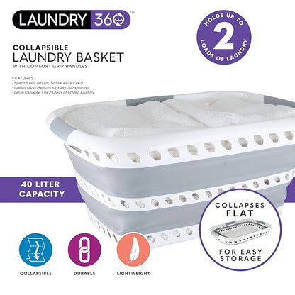 Collapsible Laundry Basket | Portable | Space Saver Storage | Hold 2 Loads | Store Under the Bed or Closet | Good for Kids | Dorm | Bedroom | Large | White/Grey