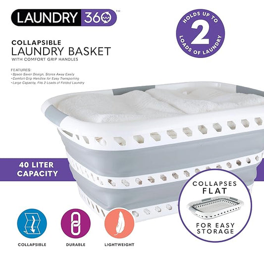 Collapsible Laundry Basket | Portable | Space Saver Storage | Hold 2 Loads | Store Under the Bed or Closet | Good for Kids | Dorm | Bedroom | Large | White/Grey