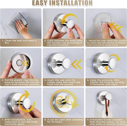 Fenas Suction Cup Hooks for Shower No-Drill Bathroom Hooks for Towels, Robes, Loofah Mountable on Bathroom Walls, Kitchen, Glass, Mirrors,Tile,Smooth Non-Porous Surfaces,Removable,4pcs,Chrome Polished