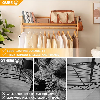 Bamboo Clothing Garment Rack 2 Tier Storage Shelf Coat Clothes Hanging Rack, Portable Wardrobe Closet Organizer With Top Shelf, Shoe Storage Shelves for Bedroom (Natural - 39.37 in)