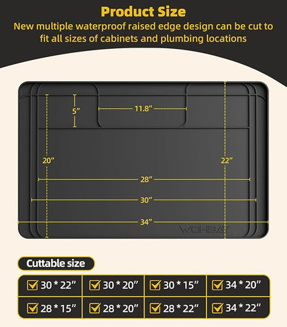 Wohbay Under Sink Mats for Kitchen Waterproof, Cut to Fit Under Sink Drip Tray for Kitchen Bathroom Cabinets, Silicone Sink Liner Hold Up to 3.3 Gallons Liquid, 34" X 22" Or Smaller (Black, Large)