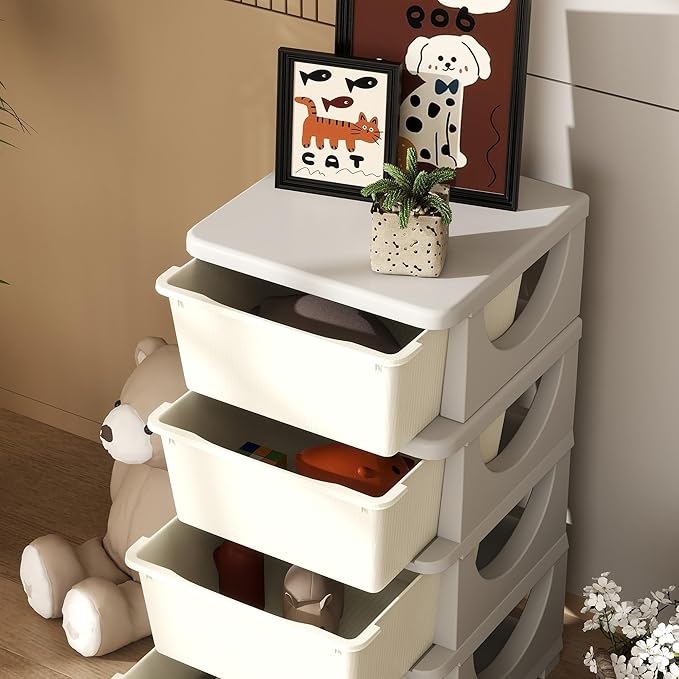 Qaba 4 Tier Kids Storage Unit, Toy Organizers and Storage with 4 Drawer Chest for Kids Bedroom Nursery Kindergarten Living Room for Boys Girls Toddlers, Cream White