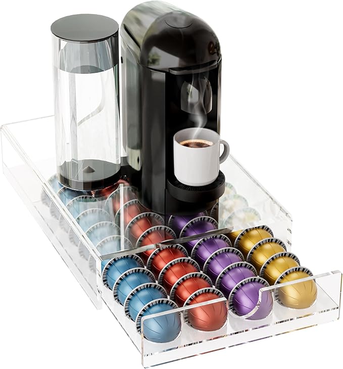 BXINREDA Acrylic Coffee Pod Organizer for Nespresso Vertuo Pod Holder 40 Pods Clear Vertuo Pod Storage Drawer (1 Tier) (Clear)
