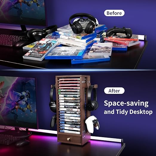 ASFSKY Walnut Wood Game Storage Tower - 20 Games Video Game Organizer & Holder, Universal Video Game Storage Tower with 4 Controller Hooks, Compatible with PS5/PS4/Xbox/Switch - Gamer Gifts