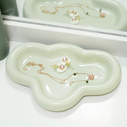 Lynagert Cloud Trinket Dish, Chubby Jewelry Tray, Ceramic Jewelry Ring Trinket Dish for Rings Earrings Necklace Organizer, Mother's Day Thanksgiving Christmas Birthday Bridesmaid Gifts (T-Green tea)