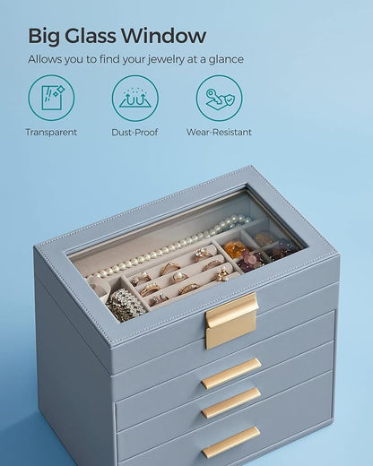 SONGMICS Jewelry Box Organizer with Glass Lid, 4-Layer Jewelry Storage, with 3 Drawers, Modern Style, 6 x 9.9 x 8.5 Inches, Smoky Blue and Gold Color UJBC161Q01