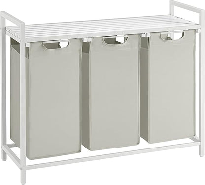 VASAGLE Laundry Hamper, Laundry Basket, Laundry Sorter with 3 Pull-Out and Removable Bags, Shelf, Metal Frame, 3 x 10.6 Gallons (40 L), 36.4 x 13 x 28.4 Inches, Cream White and Cloud White UBLH301W01