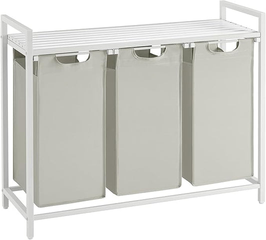 VASAGLE Laundry Hamper, Laundry Basket, Laundry Sorter with 3 Pull-Out and Removable Bags, Shelf, Metal Frame, 3 x 10.6 Gallons (40 L), 36.4 x 13 x 28.4 Inches, Cream White and Cloud White UBLH301W01