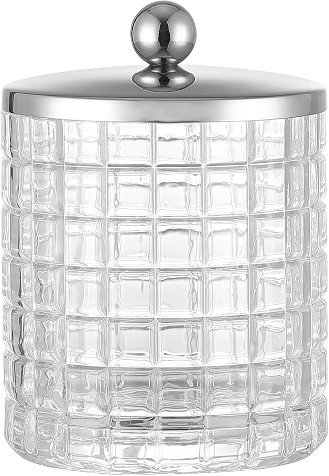 Indecor Home Glass Cotton Jar Holder Silver Lid, Elegant Bathroom Storage Canister for Qtips, Cotton Balls, Floss, Makeup Organizer, Vanity Bathroom Organization