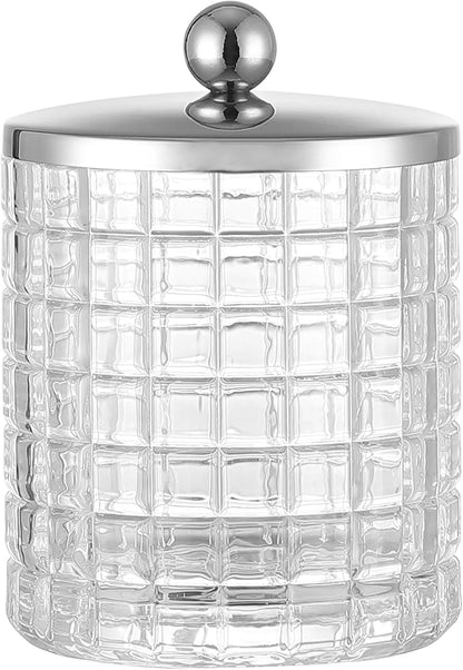 Indecor Home Glass Cotton Jar Holder Silver Lid, Elegant Bathroom Storage Canister for Qtips, Cotton Balls, Floss, Makeup Organizer, Vanity Bathroom Organization
