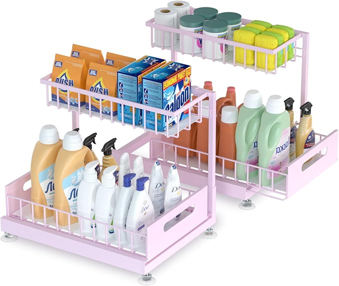 Under Sink Organizer Storage 2-Tier Premium Metal Pull-Out Racks, Height Adjustable, Heavy Dut and Easy Installation for Kitchen & Bathroom Organizers 2 Pack