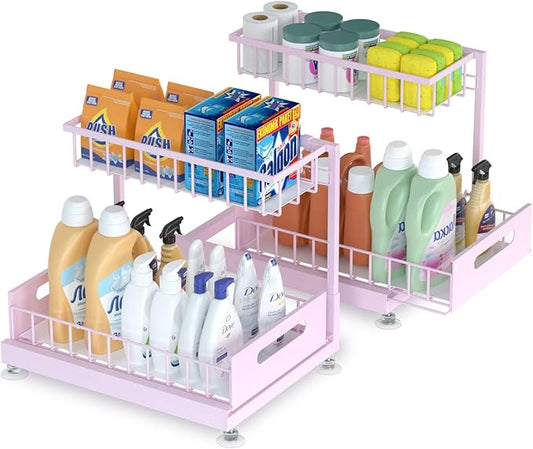Under Sink Organizer Storage 2-Tier Premium Metal Pull-Out Racks, Height Adjustable, Heavy Dut and Easy Installation for Kitchen & Bathroom Organizers 2 Pack