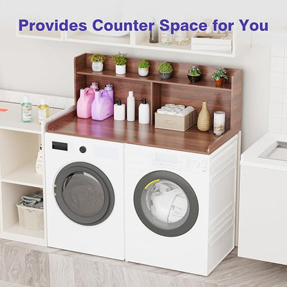 Washer Dryer Countertop with 2 Tier Shelf, 27.5" W × 54" L Laundry Wood Countertop with Edge Rails for Laundry Room Organization and Storage (Walnut)