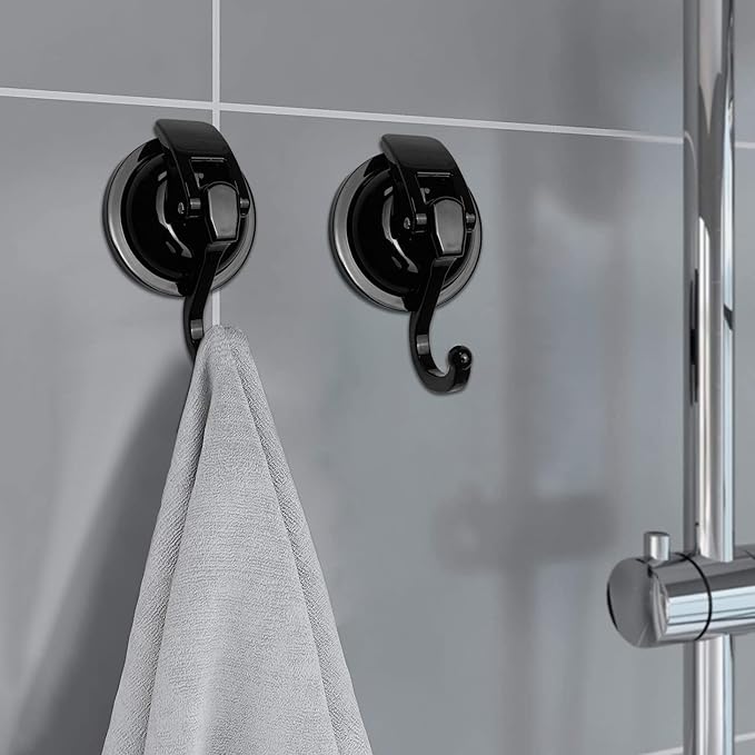 YSSILADI Heavy Duty Suction Cup Hooks for Shower, Bathroom Robe, Garland Decoration - Vacuum Glass Hooks, Reusable, No Hole Punched (Black, 4 Pack)