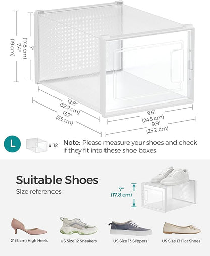 SONGMICS Shoe Boxes, Pack of 12 Shoe Storage Organizers, Stackable Clear Plastic Boxes for Closet, Sneakers, 13.7 x 9.9 x 7.4 Inches, Transparent and White ULSP12MWT