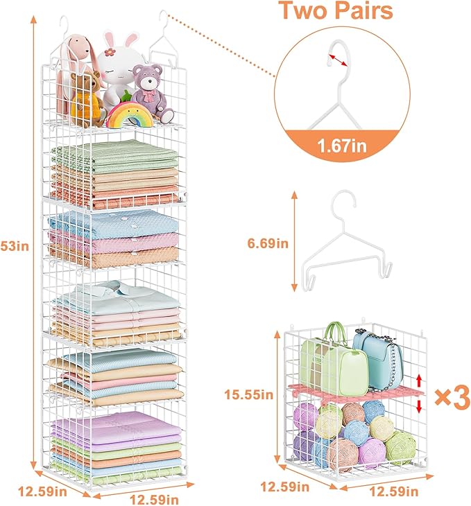 6 Tier Hanging Closet Organizer, Sweater Organizer for Closet, Stackable Wire Storage Basket Bins for Clothes Purse Shoes, Hanging Shelves with 4 Hooks & 3 Dividers Adjustable