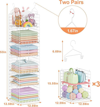 6 Tier Hanging Closet Organizer, Sweater Organizer for Closet, Stackable Wire Storage Basket Bins for Clothes Purse Shoes, Hanging Shelves with 4 Hooks & 3 Dividers Adjustable