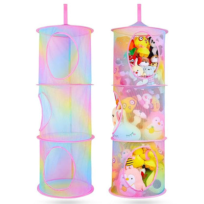Basumee Stuffed Animals Net or Hammock 2 Pcs Stuffed Animals Storage Toy Net Hammock for Plushies Storage Organizer Mesh Kids Girls Room Decor, Rainbow, 3 Tiers
