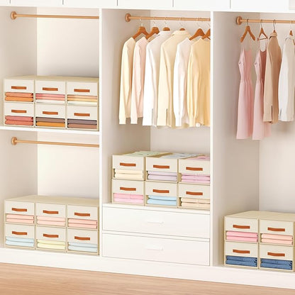 Stackable Storage Drawers - Pull Out Storage Bins with Drawers for Closet Clothes Organizers with Weekly Labels & Clear Window, Closet Shelf Storage for Bedroom, Living Room, 5 Pack, Beige