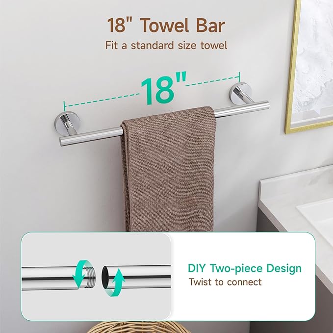 USHOWER Polished Chrome Bathroom Accessories Set, 18-Inch Towel Bar Set Wall Mounted, Durable SUS304 Stainless Steel Bathroom Hardware Set, 4-Piece