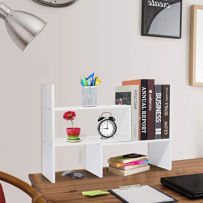 Wood Adjustable Desktop Storage Organizer Display Shelf Rack, Office Supplies Desk Organizer,White