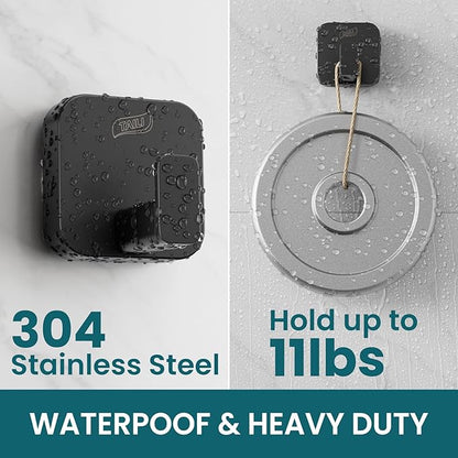 TAILI Thickened 304 Stainless Steel Bathroom Suction Hook for Towel, Loofah, Bathrobe, Patented Strong Suction Cup Holder, Damage-Free Hanging Glass Shower Wall Hook, Hold Up to 11 Lbs, 2 Pack, Black