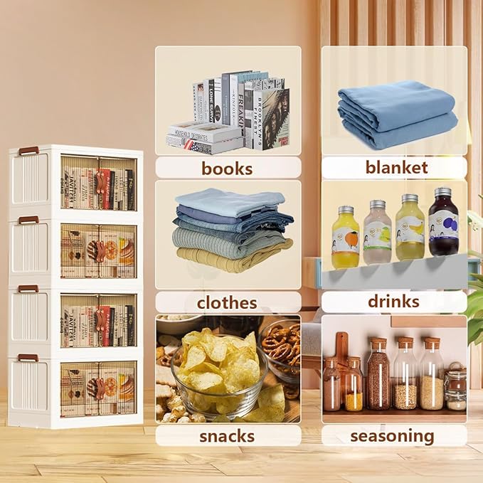 Collapsible Storage Bins with Lid and Wheels, Plastic Foldable Storage Cabinet-Stackable Closet Organizer Containers with Doors for Clothes, Home, Room, White, 3 Tiers