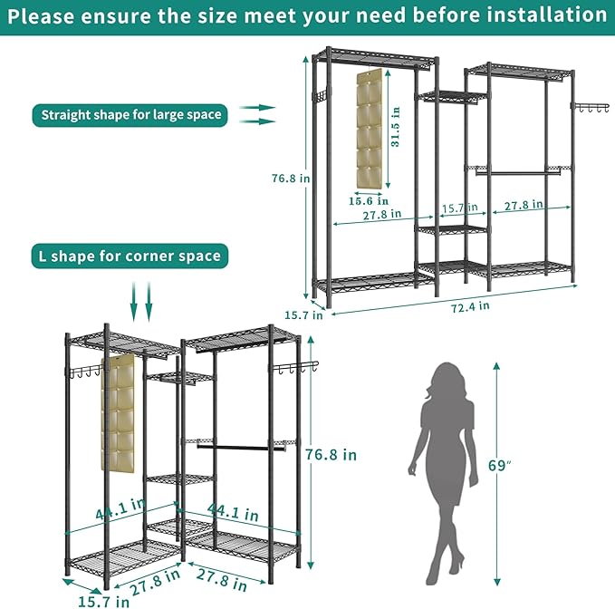 Heavy Duty Garment Rack, Portable Wardrobe Clothes Rack Freestanding Adjustable Clothing Rack with 7 Tiers Adjustable Wire Shelving and 4 Hanger Rods, Max Load 920LBS