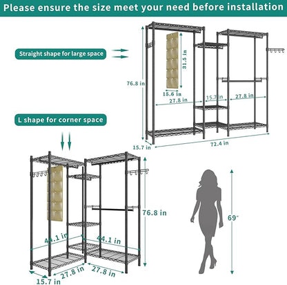 Heavy Duty Garment Rack, Portable Wardrobe Clothes Rack Freestanding Adjustable Clothing Rack with 7 Tiers Adjustable Wire Shelving and 4 Hanger Rods, Max Load 920LBS
