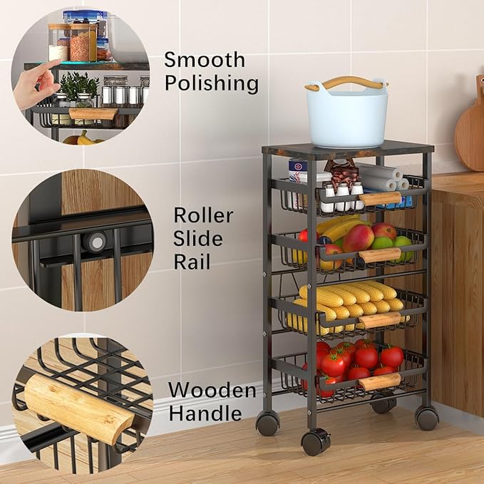 CarolynDesign 5 Tier Metal Wire Basket Cart on Wheels, Stackable Storage Bins for Kitchen, Living Room, Bedroom, Bathroom, Free Stand Vegetable Fruit Racks with Pull Out Drawers