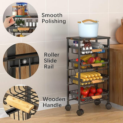 CarolynDesign 5 Tier Metal Wire Basket Cart on Wheels, Stackable Storage Bins for Kitchen, Living Room, Bedroom, Bathroom, Free Stand Vegetable Fruit Racks with Pull Out Drawers