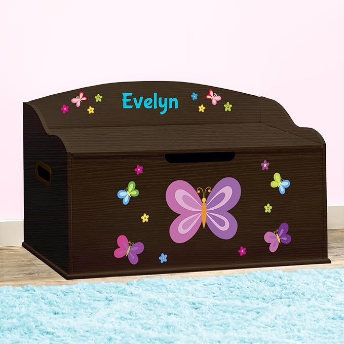 DIBSIES Personalized Creative Wonders Toy Box, Butterflies & Flowers, 30 x 19.25 x 18 inches, Soft-Close Lid (Espresso)