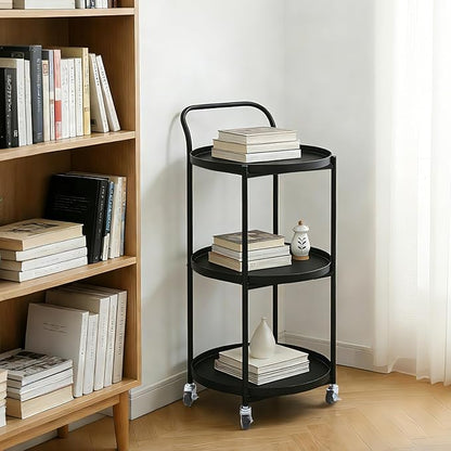 Round 3-Tier Rolling Bar Cart with Locking Wheels, Metal Serving Cart with Handle, 18" x 16" Mobile Organizer for Dining Room, Living Room, Bar (Black)