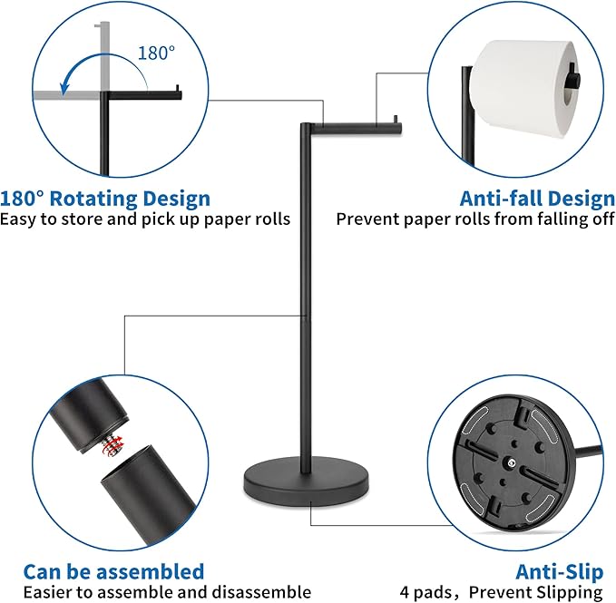 Matte Black Toilet Paper Holder Stand 1 pc, Free Standing Toilet Paper Holder Stand,Bathroom Toilet Paper Storage with 2.7 Pounds Heavy Base for 4+1 Rolls,Toilet Tissue Holder