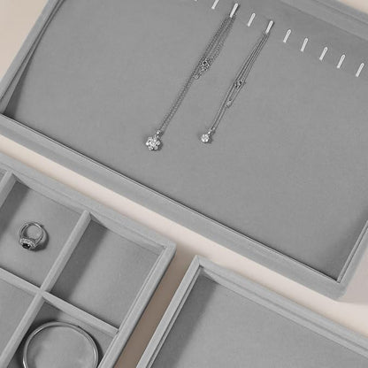 Velvet Jewelry Display Tray For Bracelet Pendant Necklace, Multi-Slot Stackable Storage Tray For Long Chain Jewelries, Drawer Insert Jewelry Organizer (Gray)