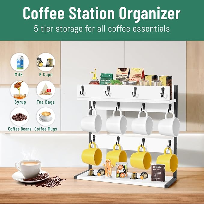 Coffee Mug Holder – 2 Tier Mug Rack Stand with Storage Base for 12 Cups – for Kitchen, Dining Room Counter & Wall Mounted Organizer & Coffee Bar Decor Accessories