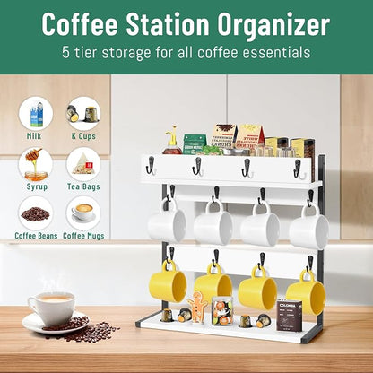 Coffee Mug Holder – 2 Tier Mug Rack Stand with Storage Base for 12 Cups – for Kitchen, Dining Room Counter & Wall Mounted Organizer & Coffee Bar Decor Accessories
